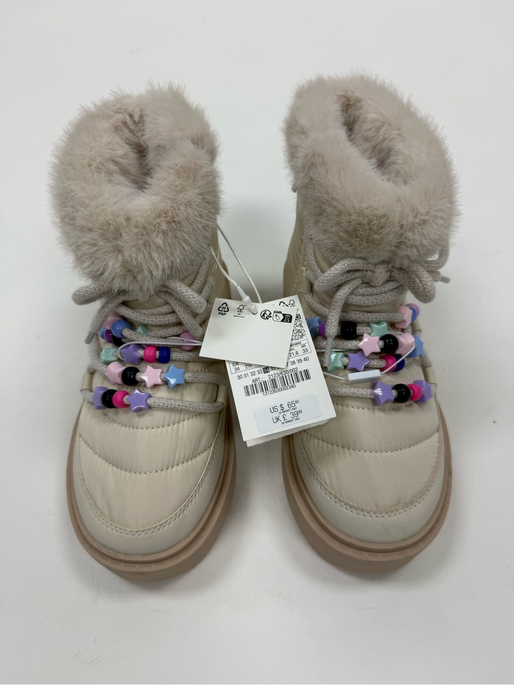 Zara Beige Faux-Fur Trim Kids Snow Boots with Pastel Bead Accents